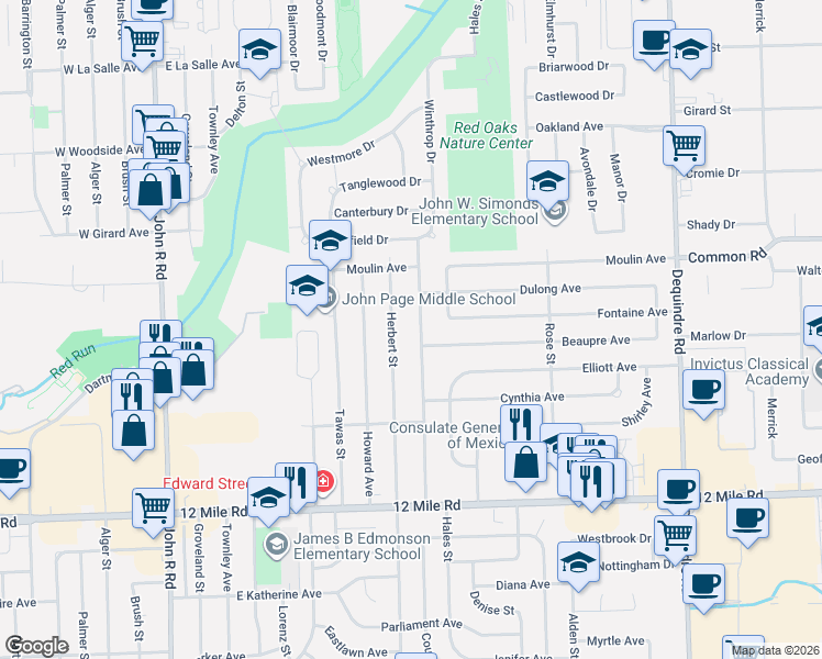 map of restaurants, bars, coffee shops, grocery stores, and more near 29504 Herbert Street in Madison Heights