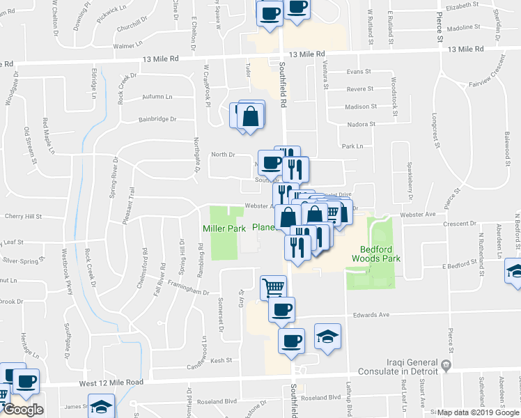map of restaurants, bars, coffee shops, grocery stores, and more near 18251 Webster Avenue in Southfield