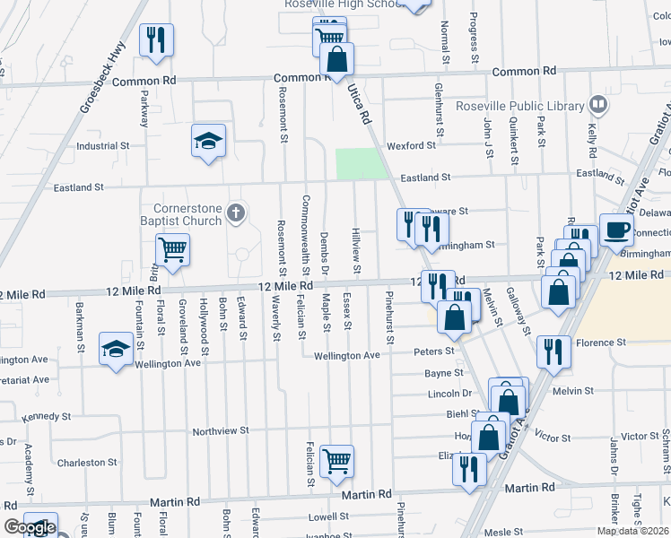 map of restaurants, bars, coffee shops, grocery stores, and more near 29034 Dembs Dr in Roseville