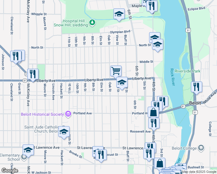 map of restaurants, bars, coffee shops, grocery stores, and more near 1030 Oak Street in Beloit