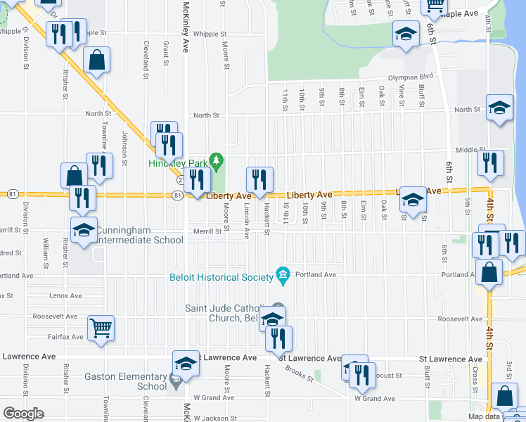 map of restaurants, bars, coffee shops, grocery stores, and more near 1028 Hackett Street in Beloit