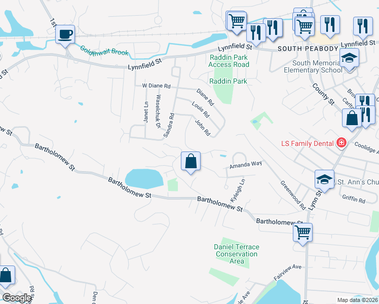 map of restaurants, bars, coffee shops, grocery stores, and more near 15 Tara Road in Peabody