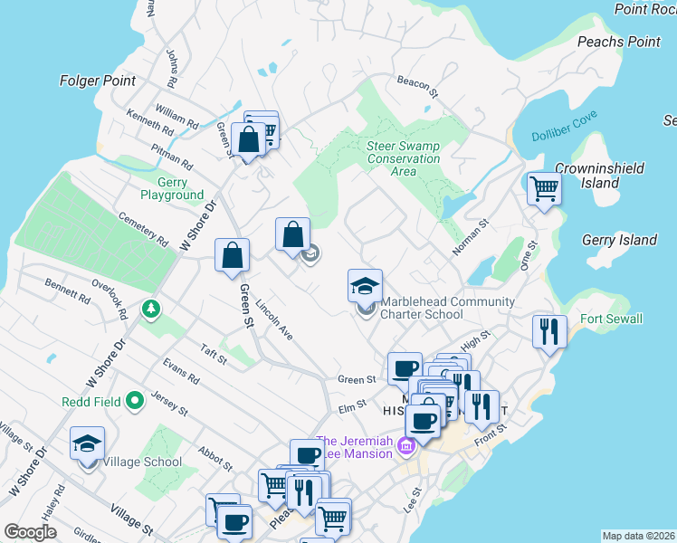 map of restaurants, bars, coffee shops, grocery stores, and more near 33 Intrepid Circle in Marblehead