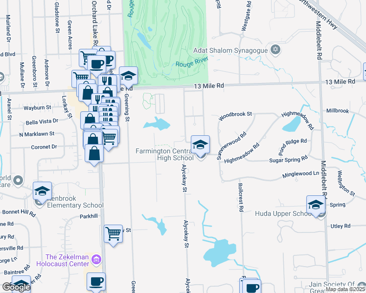 map of restaurants, bars, coffee shops, grocery stores, and more near 30239 West 13 Mile Road in Farmington Hills