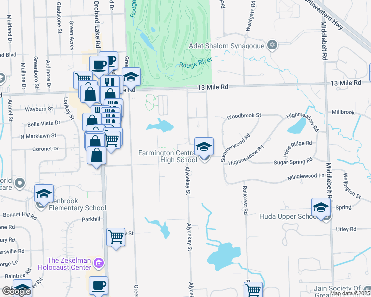 map of restaurants, bars, coffee shops, grocery stores, and more near 30239 West 13 Mile Road in Farmington Hills