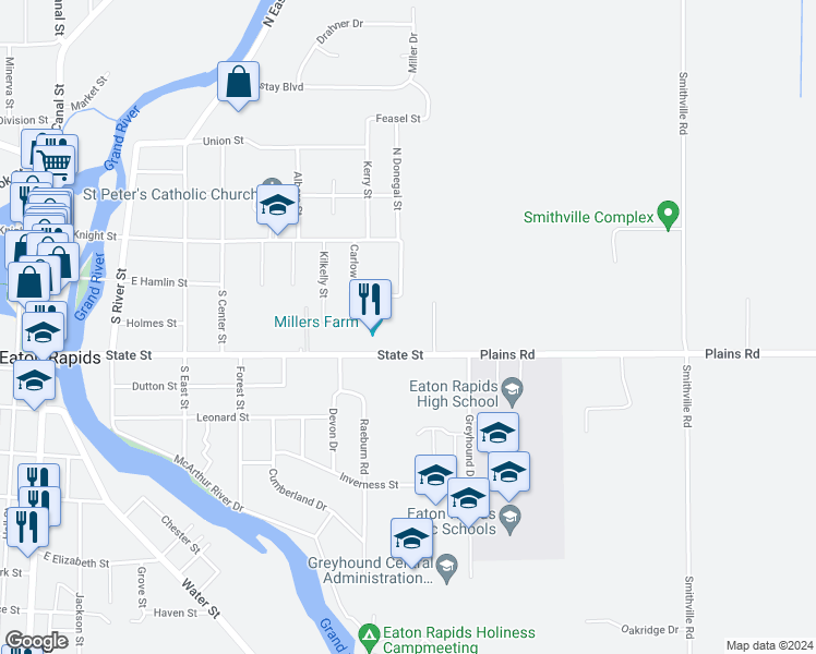 map of restaurants, bars, coffee shops, grocery stores, and more near 350 South Miller Drive in Eaton Rapids
