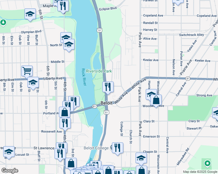 map of restaurants, bars, coffee shops, grocery stores, and more near 1035 South Riverside Drive in Beloit