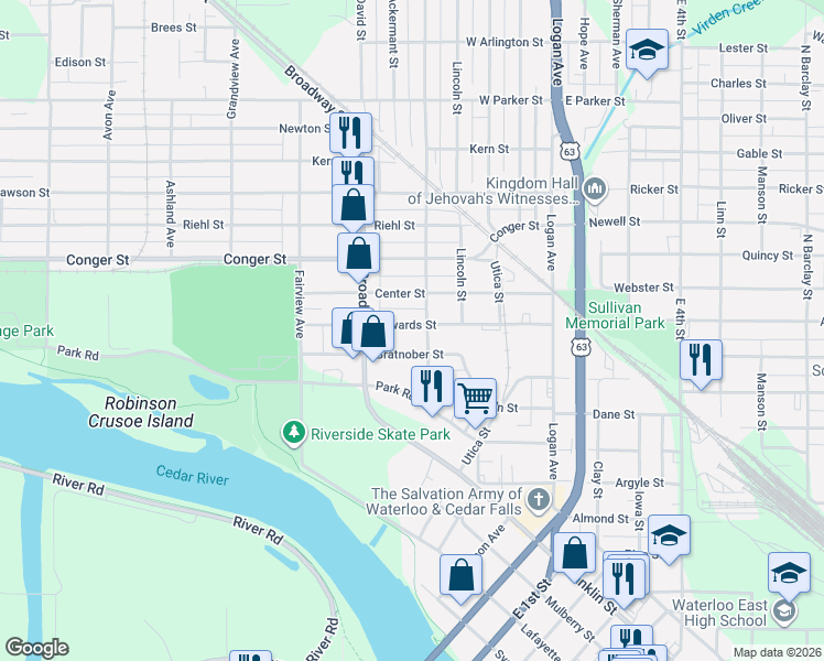 map of restaurants, bars, coffee shops, grocery stores, and more near 409 Edwards Street in Waterloo