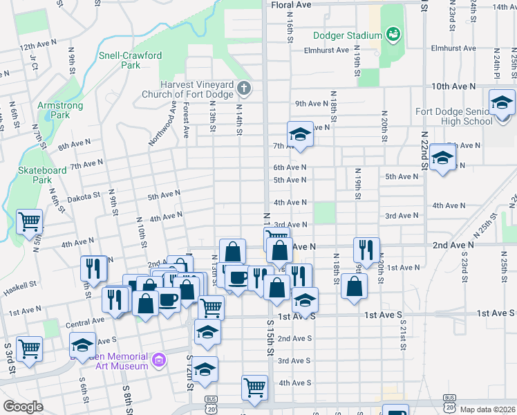 map of restaurants, bars, coffee shops, grocery stores, and more near 1411 4th Avenue North in Fort Dodge