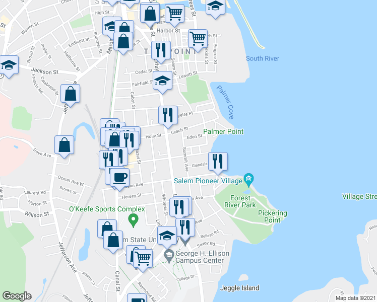 map of restaurants, bars, coffee shops, grocery stores, and more near 18 Bertram Terrace in Salem