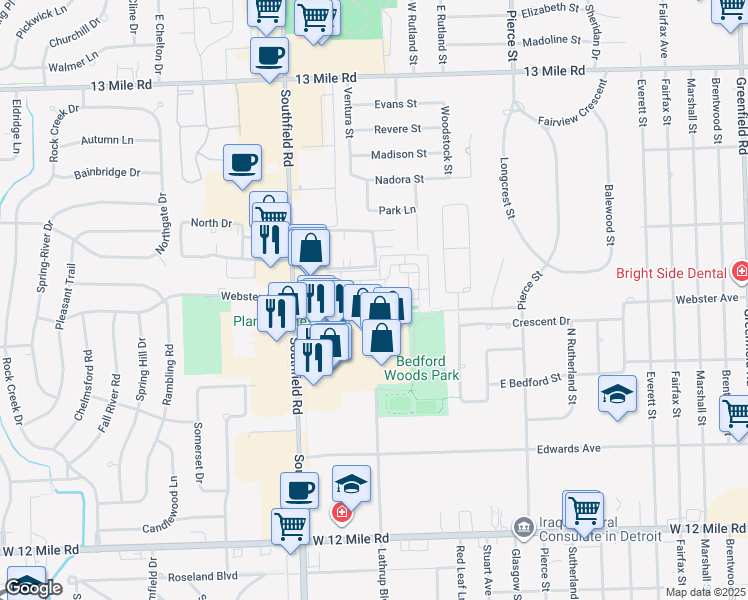 map of restaurants, bars, coffee shops, grocery stores, and more near 17660 Windflower Drive in Southfield