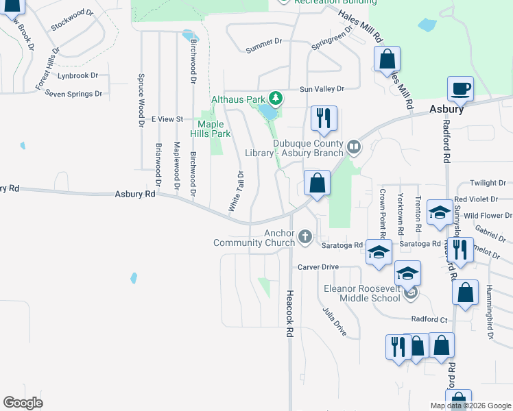 map of restaurants, bars, coffee shops, grocery stores, and more near 2316 Antler Ridge Drive in Asbury