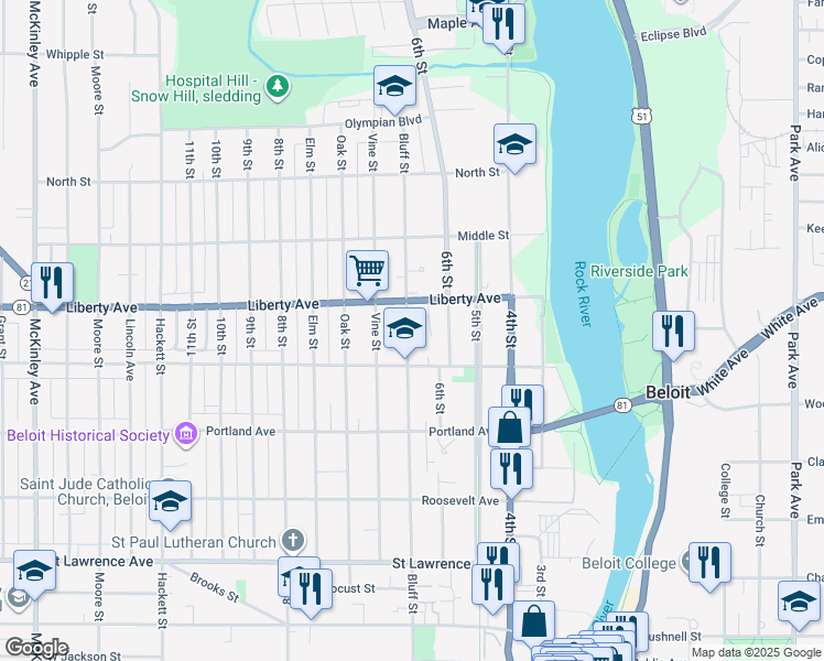 map of restaurants, bars, coffee shops, grocery stores, and more near 1031 Bluff Street in Beloit