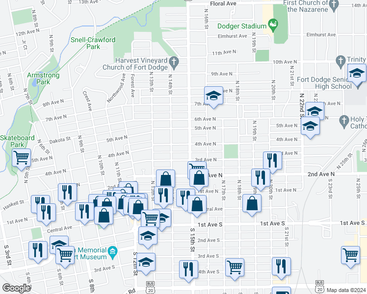 map of restaurants, bars, coffee shops, grocery stores, and more near 1425 4th Avenue North in Fort Dodge