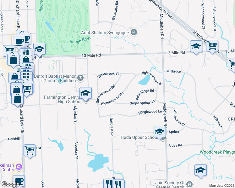 map of restaurants, bars, coffee shops, grocery stores, and more near 29924 Highmeadow Rd in Farmington Hills
