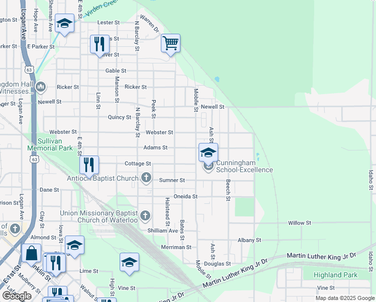 map of restaurants, bars, coffee shops, grocery stores, and more near 726 Adams Street in Waterloo