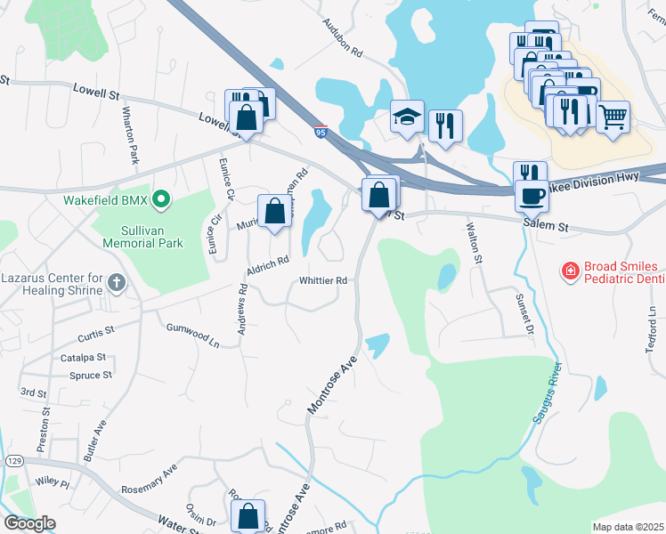 map of restaurants, bars, coffee shops, grocery stores, and more near 410 Salem Street in Wakefield