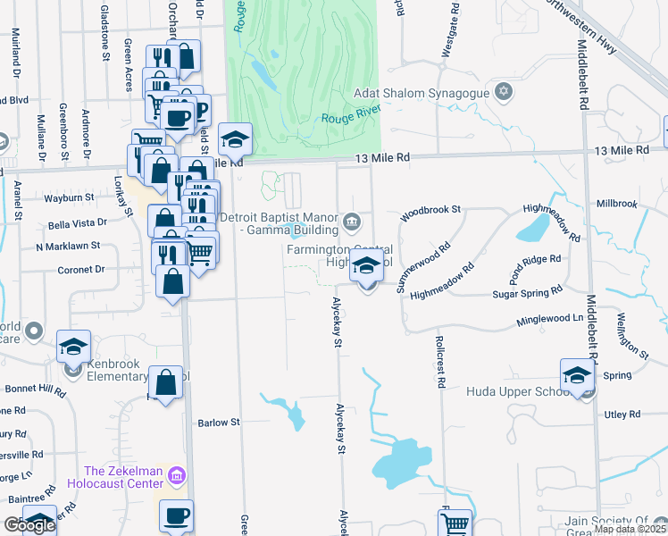 map of restaurants, bars, coffee shops, grocery stores, and more near 30239 West 13 Mile Road in Farmington Hills
