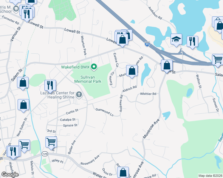 map of restaurants, bars, coffee shops, grocery stores, and more near 63 Eunice Circle in Wakefield