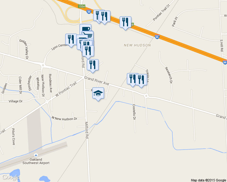 map of restaurants, bars, coffee shops, grocery stores, and more near 56601 Grand River Avenue in Lyon charter Township