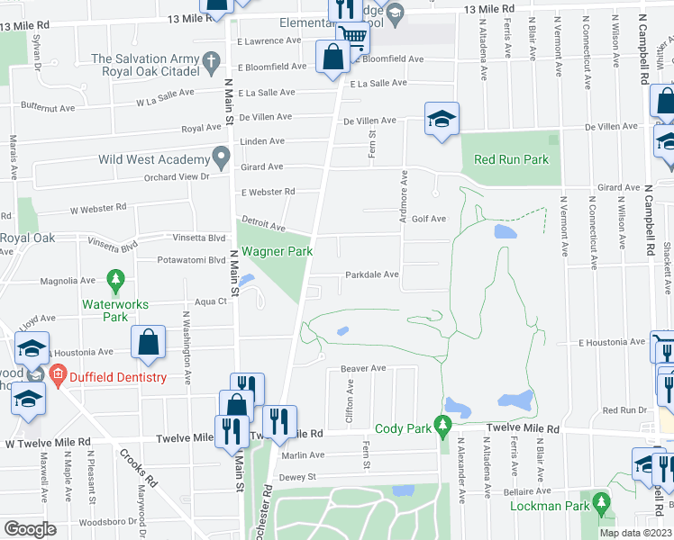 map of restaurants, bars, coffee shops, grocery stores, and more near 337 Parkdale Avenue in Royal Oak