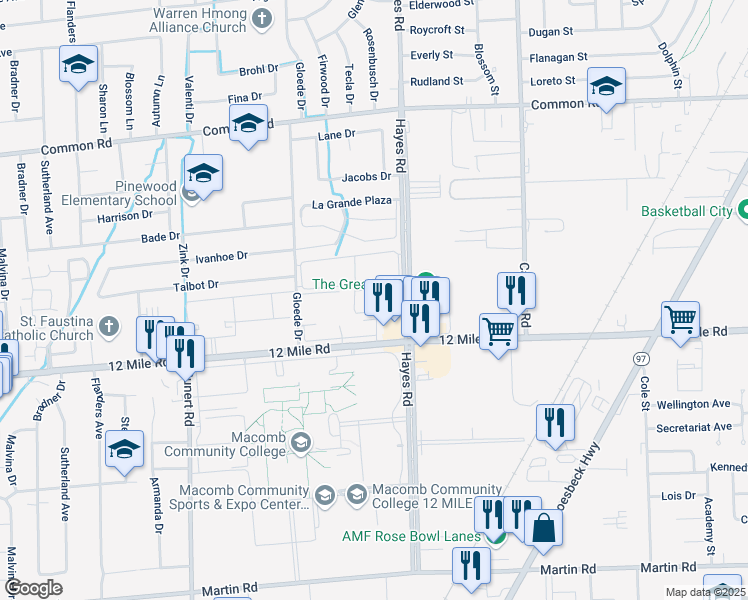 map of restaurants, bars, coffee shops, grocery stores, and more near 29133 Gloede Drive in Warren