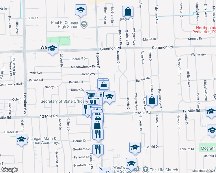 map of restaurants, bars, coffee shops, grocery stores, and more near 29462 Hoover Road in Warren