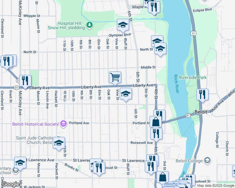 map of restaurants, bars, coffee shops, grocery stores, and more near 1031 Vine Street in Beloit