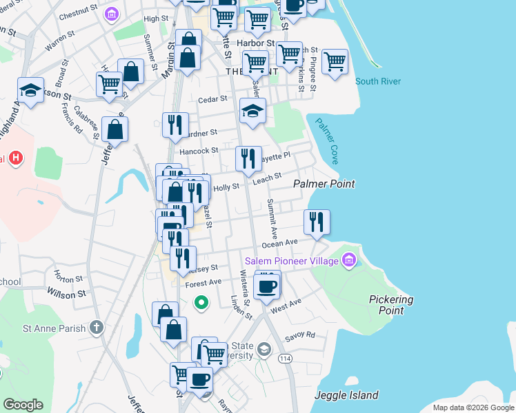 map of restaurants, bars, coffee shops, grocery stores, and more near 259 Lafayette Street in Salem