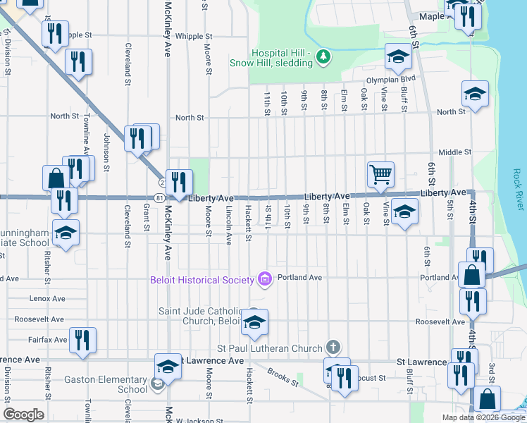 map of restaurants, bars, coffee shops, grocery stores, and more near 1028 11th Street in Beloit