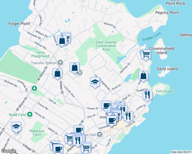 map of restaurants, bars, coffee shops, grocery stores, and more near 15 Peach Highlands in Marblehead