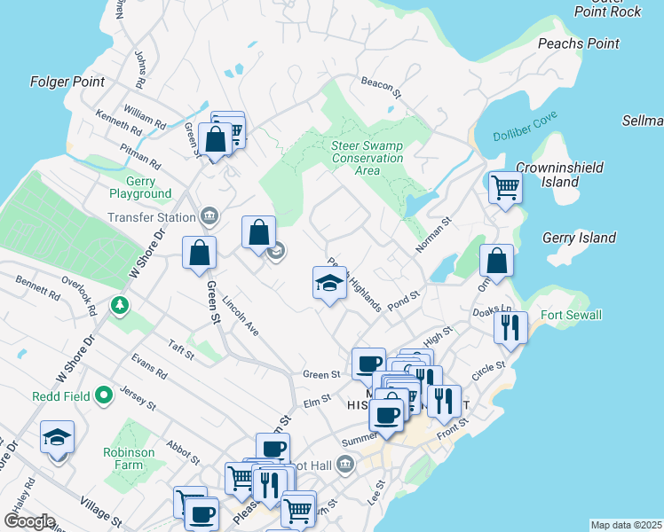 map of restaurants, bars, coffee shops, grocery stores, and more near 15 Peach Highlands in Marblehead