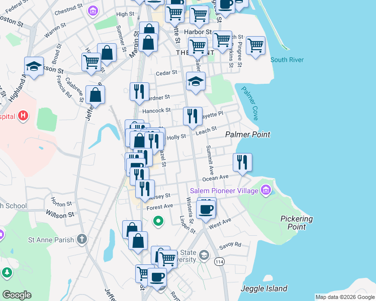 map of restaurants, bars, coffee shops, grocery stores, and more near 259 Lafayette Street in Salem