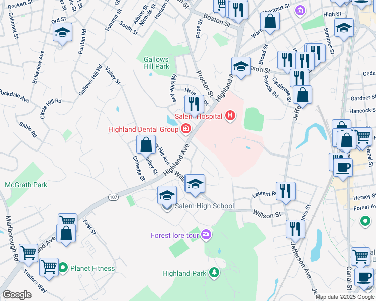 map of restaurants, bars, coffee shops, grocery stores, and more near 8 Cottage Street in Salem