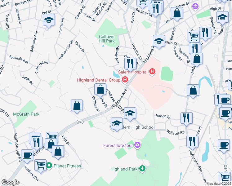 map of restaurants, bars, coffee shops, grocery stores, and more near 116 Highland Avenue in Salem