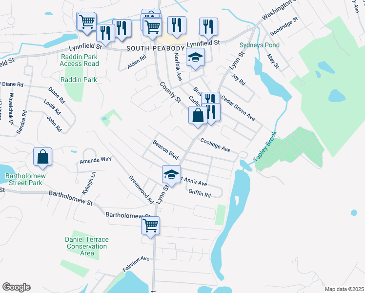 map of restaurants, bars, coffee shops, grocery stores, and more near 4 Bay State Boulevard in Peabody
