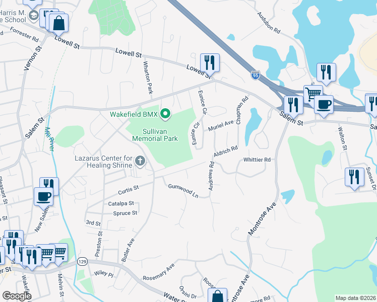 map of restaurants, bars, coffee shops, grocery stores, and more near 63 Eunice Circle in Wakefield
