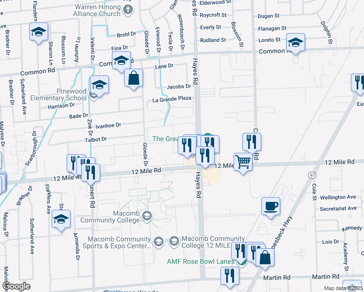 map of restaurants, bars, coffee shops, grocery stores, and more near 29133 Gloede Drive in Warren