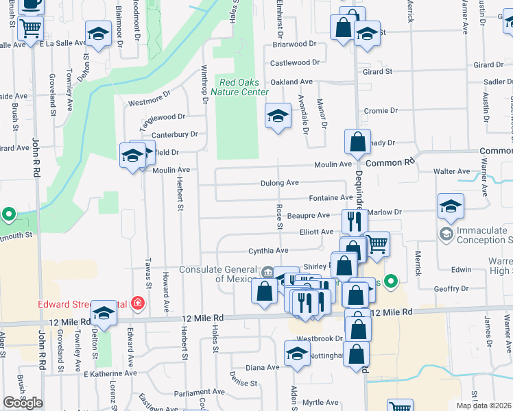 map of restaurants, bars, coffee shops, grocery stores, and more near 1341 Beaupre Avenue in Madison Heights