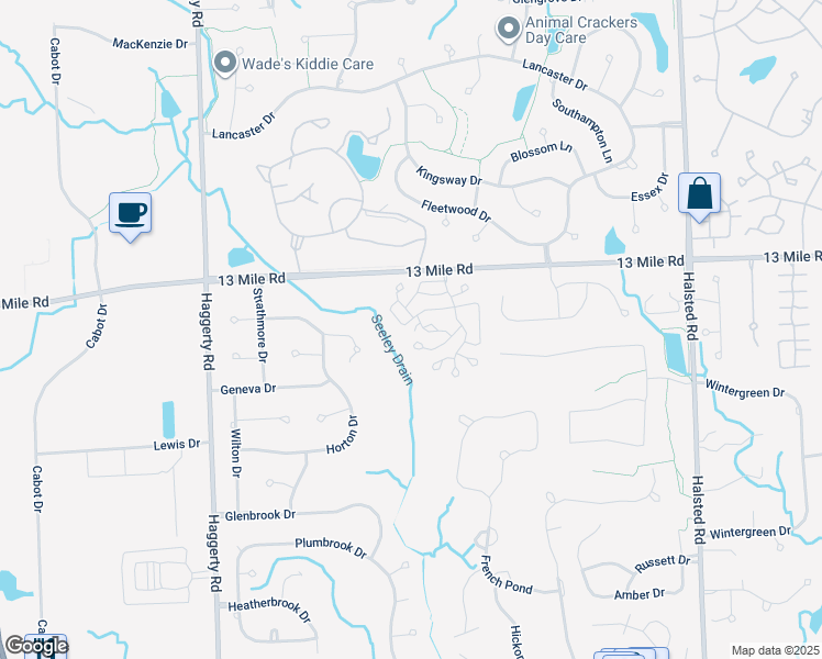map of restaurants, bars, coffee shops, grocery stores, and more near 38621 Darbyshire in Farmington Hills
