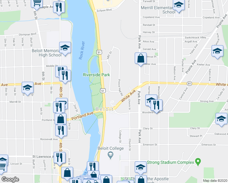 map of restaurants, bars, coffee shops, grocery stores, and more near Beloit Road in Rock County