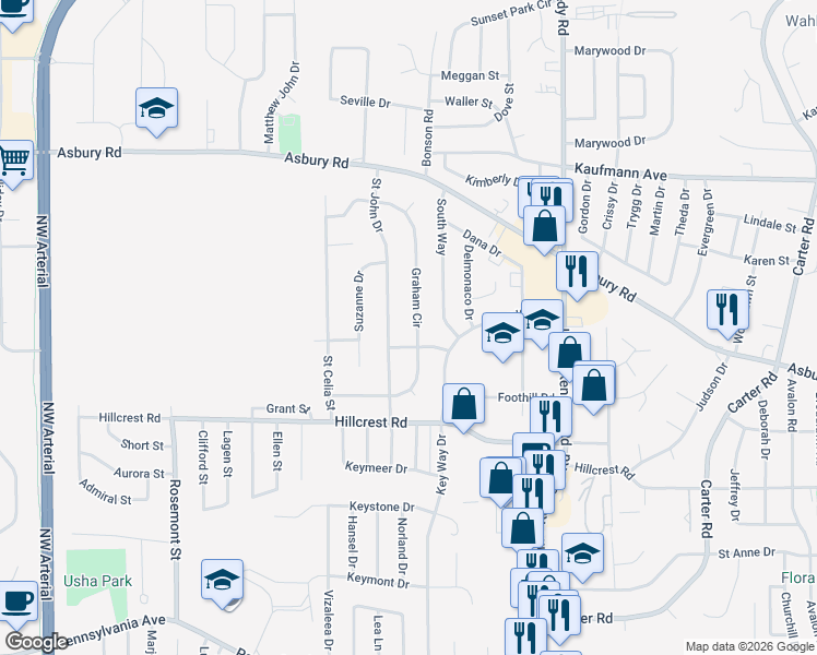 map of restaurants, bars, coffee shops, grocery stores, and more near 2186 Graham Circle in Dubuque
