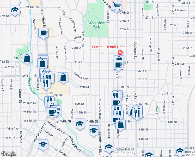 map of restaurants, bars, coffee shops, grocery stores, and more near 1818 Grandview Boulevard in Sioux City