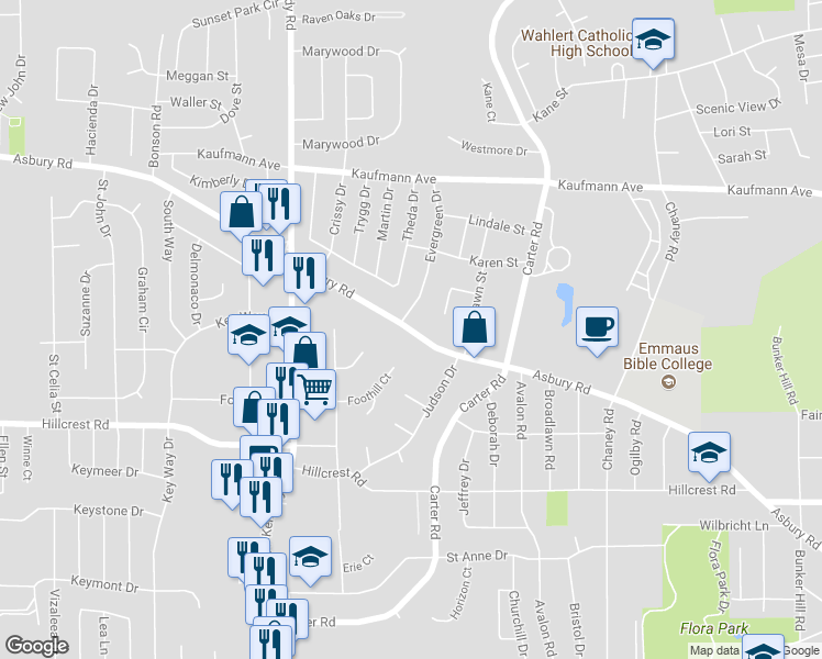 map of restaurants, bars, coffee shops, grocery stores, and more near 3121 Asbury Road in Dubuque