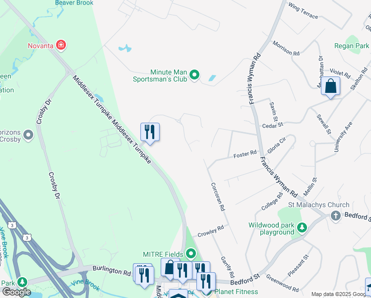 map of restaurants, bars, coffee shops, grocery stores, and more near 45 Middlesex Turnpike in Billerica