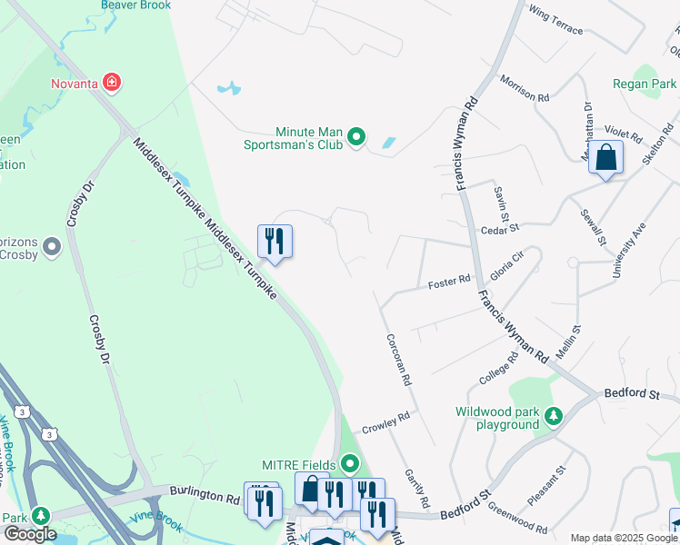 map of restaurants, bars, coffee shops, grocery stores, and more near 45 Middlesex Turnpike in Billerica