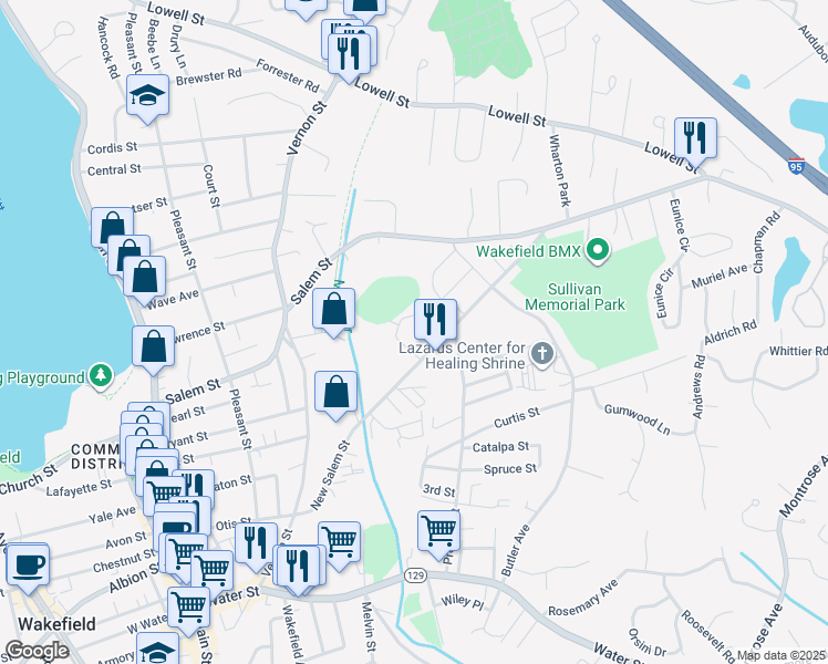 map of restaurants, bars, coffee shops, grocery stores, and more near 94 New Salem Street in Wakefield