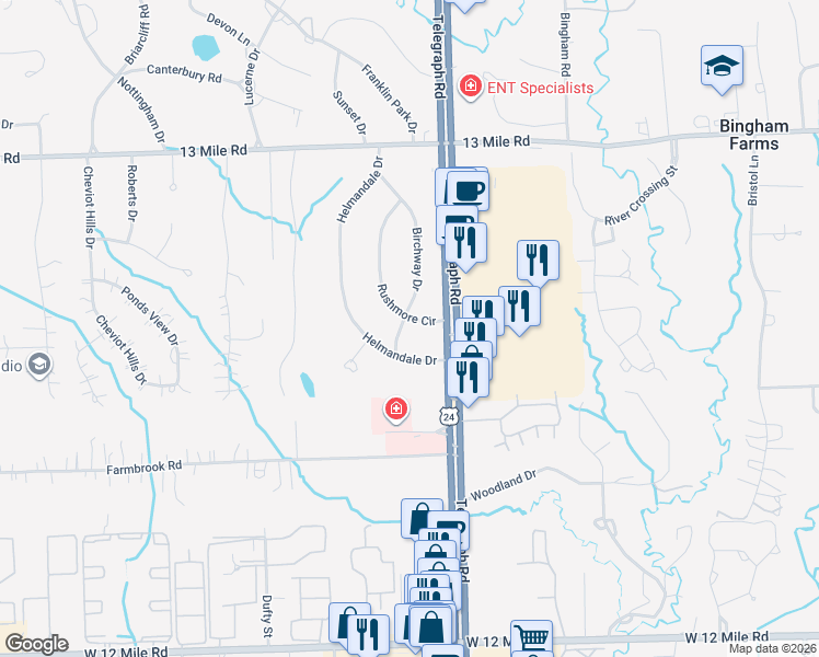 map of restaurants, bars, coffee shops, grocery stores, and more near 30375 Rushmore Circle in Franklin