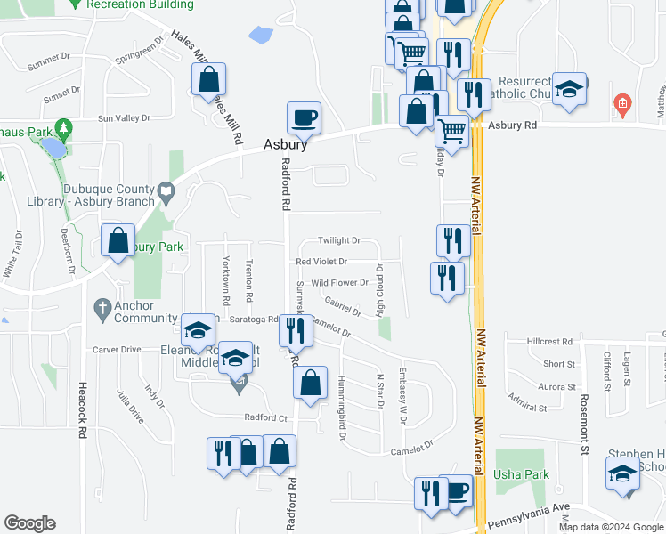 map of restaurants, bars, coffee shops, grocery stores, and more near 4960 Red Violet Drive in Dubuque