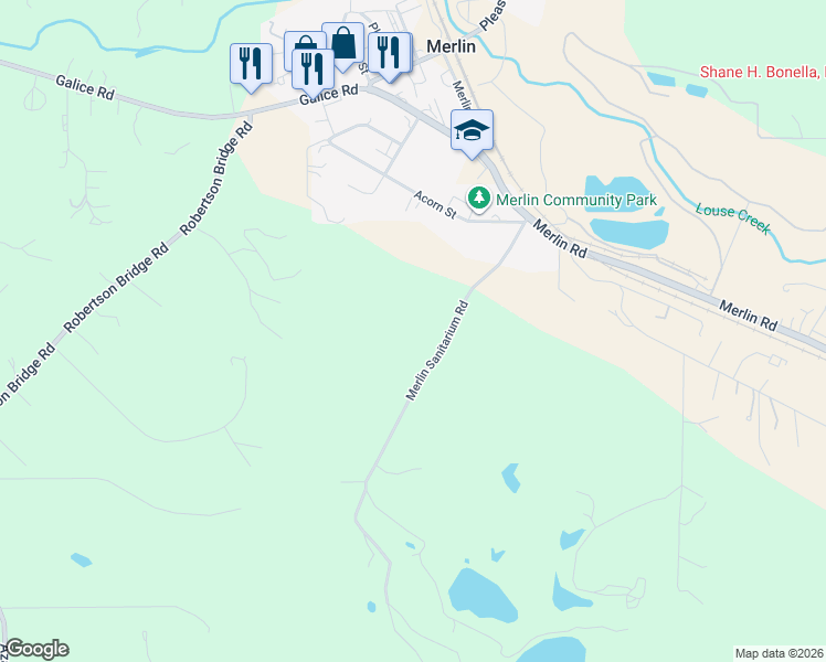 map of restaurants, bars, coffee shops, grocery stores, and more near 605 Merlin Sanitarium Road in Merlin